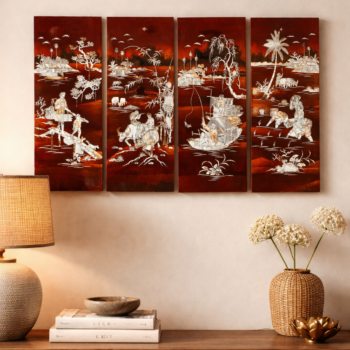 Panneaux vietnamiens anciens en laque et nacre – décor des 4 saisons – art asiatique années 60