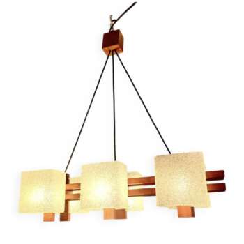 Lustre suspension scandinave 6 feux en teck et perspex année 50